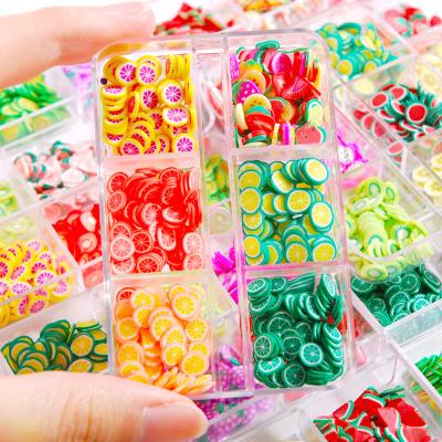 China Trendy 6 Grids Polymer Clay Fruit Slices In Sets Summer Nail Decoration Sprinkles Nail Charms Design 3d Lemon Fruit Nail Art for sale