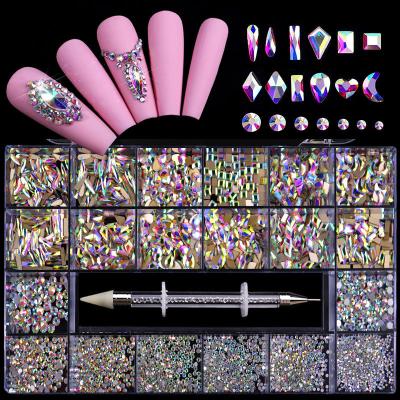 China Trendy custom logo custom size 3D faux stone nail stone box design ab luxury multi shiny glass flatback for nail art decoration for sale