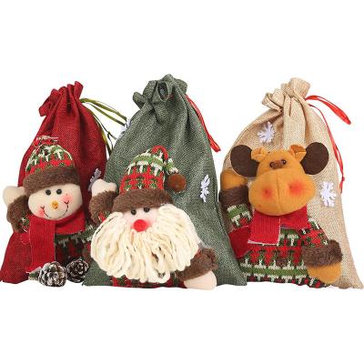 China Christmas Decoration Doll 3D Cartoon Christmas Canvas Bags Large For Gift Drawstring Christmas Gift Bags For Christmas Decoration for sale