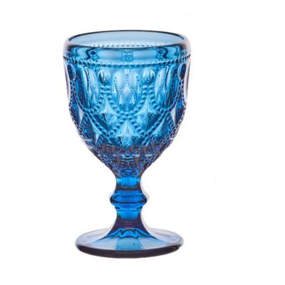 China Cheap European color vintage cup juice glass water plant blue embossed wine glass goblet for sale