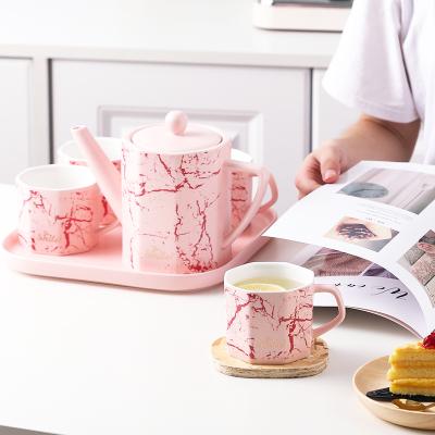 China Stored Style Black Marble Ceramic Coffee Pot Nordic Pink Tea Cups Milk Tea Coffee Sets for sale