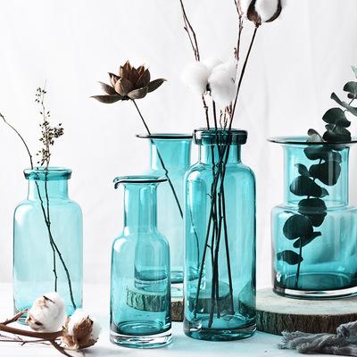 China Factory Wholesale Eco-Friendly Style Flower Vase Simple Blue Glass Vase New For Living Room Home Decoration for sale