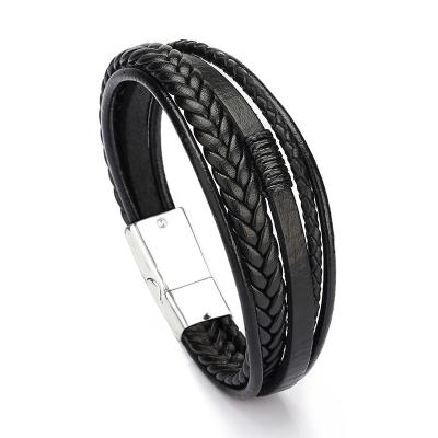 China Hot Selling High Quality Casual/Sporting Leather Rope Hand - Woven Mens Bracelets Black Stack Leather and Stainless Steel Bracelets for sale