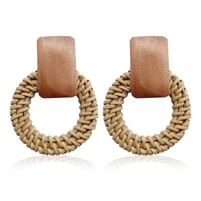 China Autumn Beach Tropical Large Hoop Wood Earrings Gomi Rattan Environmentally Friendly Boho Geometric Stud Earrings Wholesale for sale