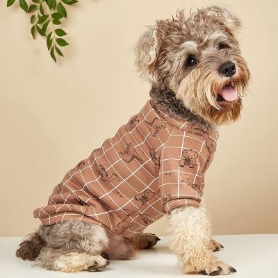 China Sustainable Wholesale Brown Plaid Sweater Cute Dinosaur Print Pet Clothes Plus Velvet Dog Clothes for sale