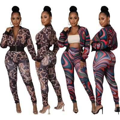 China High Quality Breathable Women Joggers Long Sleeve Zipper Print Pants Two Piece Set for sale