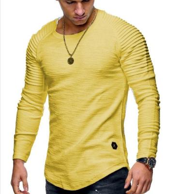 China 2021 Custom Anti-Wrinkle OEM Solid Color Long Sleeve Round Neck Pullover Casual Striped T-Shirt For Men for sale