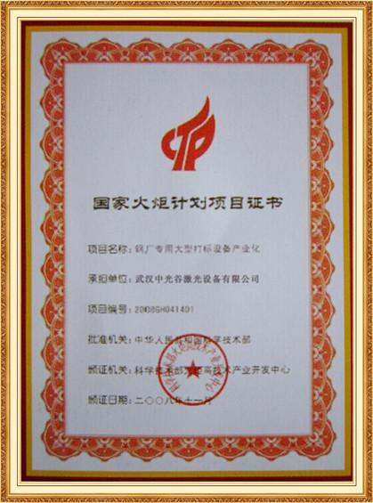 Certification of National Torch Plan - Wuhan Optical Valley Future Laser Equipments Co.,Ltd