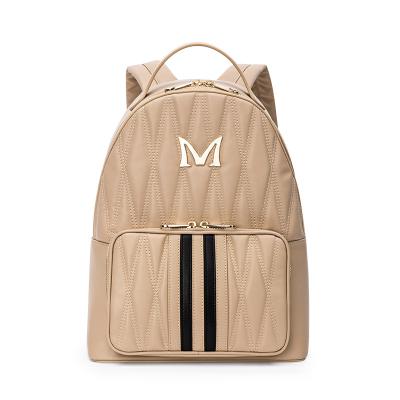 China Waterproof high quality soft leather fashion large capacity oatmeal color retro ladies travel casual backpack for sale