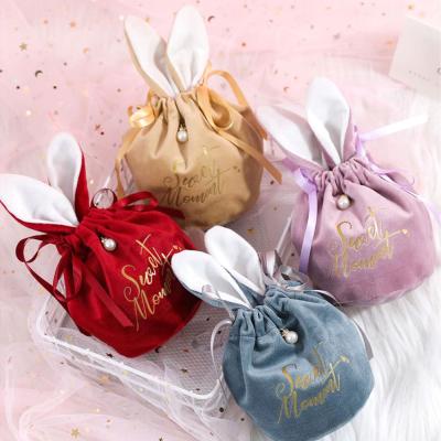 China Recyclable Red Drawstring Embroidered Velvet Bunny Candy Gift Favor Bags Sack Pouch For Easter Wedding Party Jewelry Packaging for sale