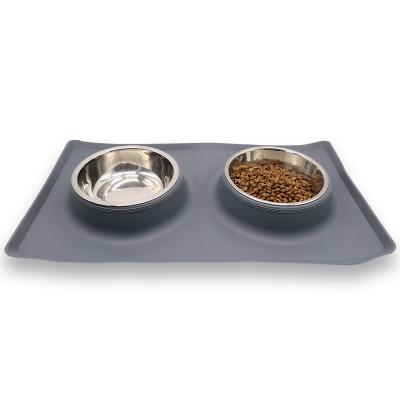 China Automatic Silicone Pet Food Mat Stainless Steel Food Bowl Double Basin for Cats and Dogs for sale