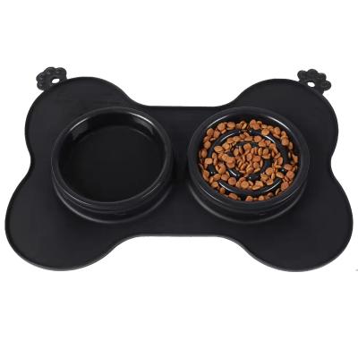 China High Quality Non-automatic Silicone Mat Double Pet Bowls Slow Food With Stand 3in1 Pet Bowl Collapsible Ice Water Salad Large Black for sale