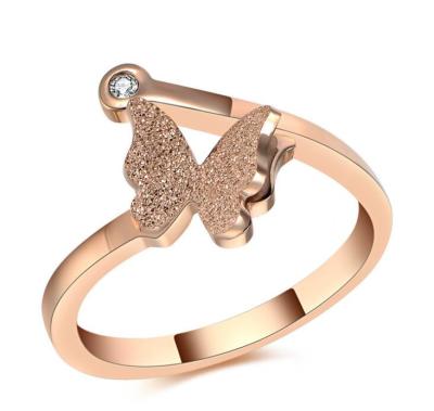 China Rose Gold Butterfly Rings for Girl Diamond Finger Ring for Lady Stainless Steel Frosted Gold Ring for sale