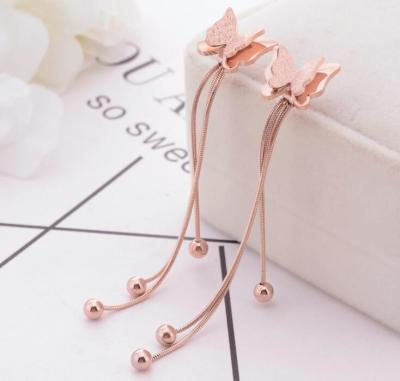 China Fashionable Stud Butterfly  Jewelry , Ball Dangle Tassel Stainless Steel Earring, Rose Gold butterfly stud Earring for sale