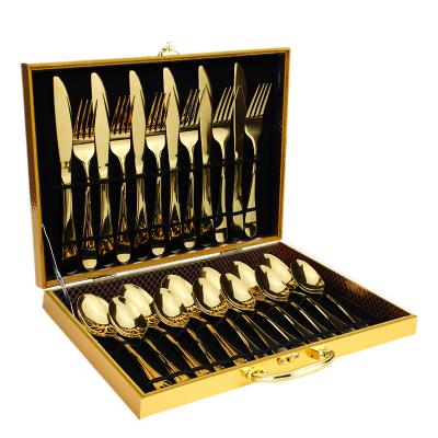 China Viable Stain Viable Goods Spoon Knife Fork Teaspoon 24pcs Gold Reusable Cutlery Sets With Wooden Box Stainless Steel Luxury Cutlery Set for sale