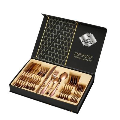 China Restaurant Hotel Wedding Viable Luxury Knife 24pcs Fork Spoon Sets Black 304 Stainless Steel Gold Cutlery Flatware Set for sale