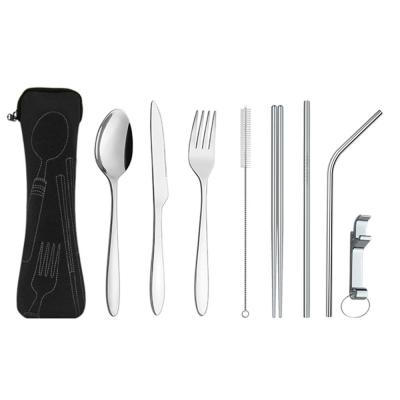 China Wholesale Cheap Viable Straw Corkscrew Flatware Travel Stainless Steel Cutlery Set Camping Spoon Knife Fork Chopsticks Set With Case for sale