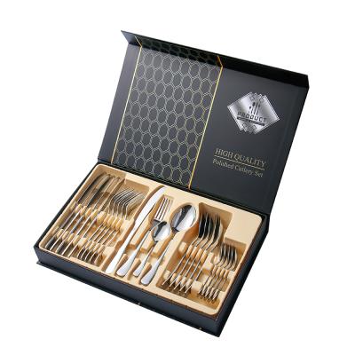 China Cheap Tableware Wholesale Viable 24 Piece Gold Fork Knife And Spoon Sets With Box Portable Stainless Steel Flatware Flatware Cutlery Set for sale