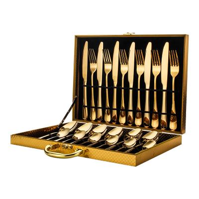 China Wholesale Cheap Viable Dinnerware Spoons and 24pcs Forking With Wooden Box Luxury Flatware Sets Stainless Steel Gold Flatware Set for sale