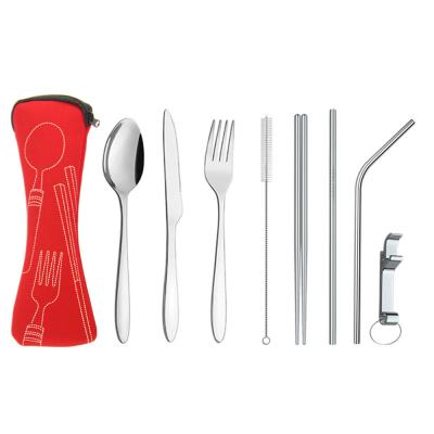 China Quick Delivery 4pcs 8pcs Straw Viable Corkscrew With Case 304 Stainless Steel Travel Cutlery Set Fork Knife Spoon Viable for sale