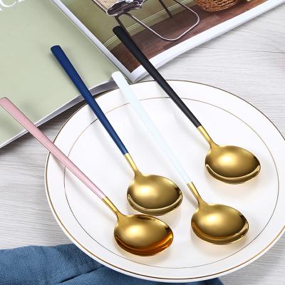 China 304 Stainless Steel Spoon Color Plated Handle Gold Plated Tea Ice Cream Teaspoon Round Korean Soup Spoon for sale