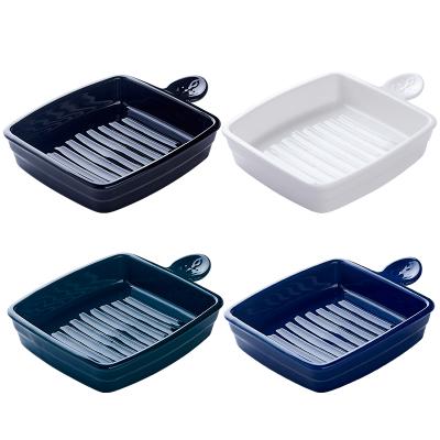 China Sustainable Square Ceramic Sailor Shape Small Baking Dish With Handle For Restaurant for sale