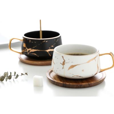 China Marbling Ceramic Mug Mat With Lid Coffee Mug Nordic Style Porcelain Water Wooden Set Cheap Viable Tableware Wholesale for sale