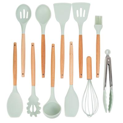 China 11pcs BPA Free Silicone Handle Viable Kitchen Accessories Non-Toxic Wooden Utensils Set For Cooking Baking for sale