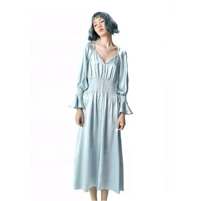 China QUICK DRY Women's Satin Soft Deep V Neckline Sleepwear Loose Button Down Elastic Waistband Women Nightgown for sale