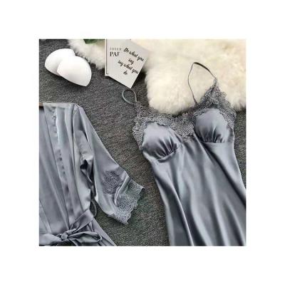 China QUICK DRY Women's 2pcs Silk Satin Pajamas Set Lace Sexy Lingerie With Long Robe Sleepwear for sale