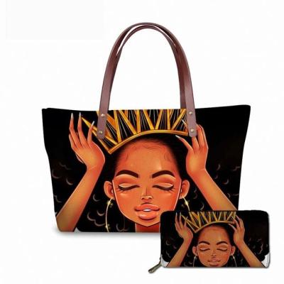 China RIJIAXIN 2pcs Set Designer Handbags Women Black Art African American Girls Printing Handbags Beach Bags Ladies Purse Females Light Finger for sale