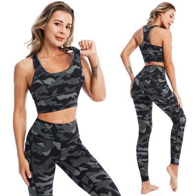 China Accepted Breathable Recycle Fabric OEM Sportwear Camouflage Camouflage Print Yoga Teams Two Piece Set Fashion Yoga Suits for sale