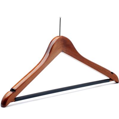 China High quality thick thick walnut color hotel WOODEN HANGER with anti skid rubber sleeve with anti theft pin for sale