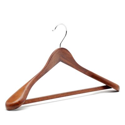 China Wholesale Luxury High Quality Walnut Color Factory Shoulder Design Wooden Wide Coat Hanger for sale