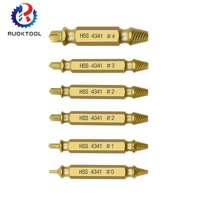 China HSS 4341 RUOKTOOL Titanium Plated 4341 Stripped Removal 6 Pcs 6Pcs Damaged Screw Extractor Set for sale