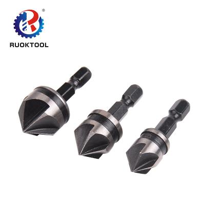 China 3pcs Drilling Hex Shank 90 Degree 5 Flute Hss Countersink Wood Drill Bit Set For Metal Deburring for sale