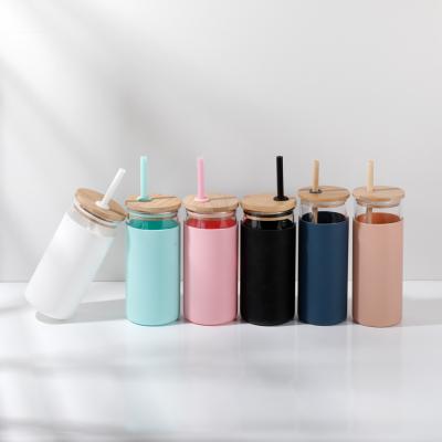 China Sustainable Eco Friendly Glass Cups With Bamboo Lid And Bamboo Straws, Glass Tumbler With Protective Silicone Sleeves, Bamboo Lid Pot for sale