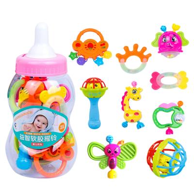 China Wholesale Soft Newborn Gift Teether Rattles Set Bell Baby Milk Bottle Plastic Shake Rattle for sale