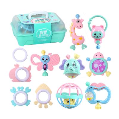 China Hot Selling ABS+TPR Newborn Gift Storage Box Infant Teether Ratchets Toy 6 Months Rattle Set Newborn Baby Toys 12 10 for sale