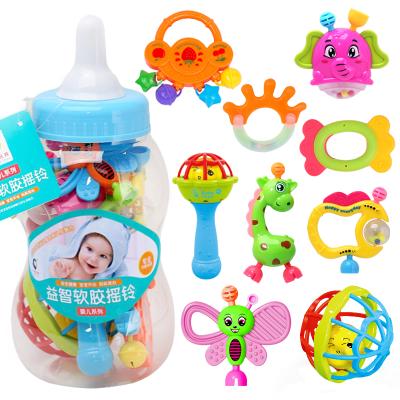 China Milk Bottle Rattles and Teether Toys Soft Plastic Infant Baby Bell Grabbing Hand Shaker Newborn Teething Kids Ratchet for sale