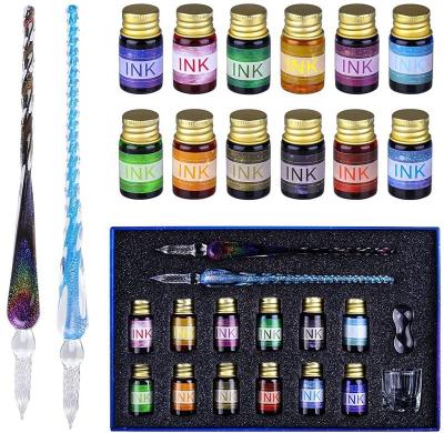 China Student Rainbow Crystal Glass Dip Pen Set with 12 Gold Powder Inks Cleaning Cup Pen Holder Calligraphy Sets for sale