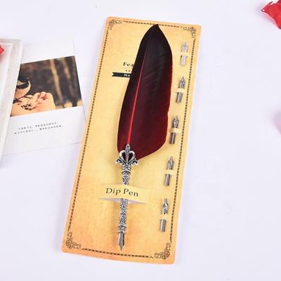 China Classical Retro Feather Pen Set Dip Water Flower Pen Rod Stationery Advertising Metal Ink Student pen for sale