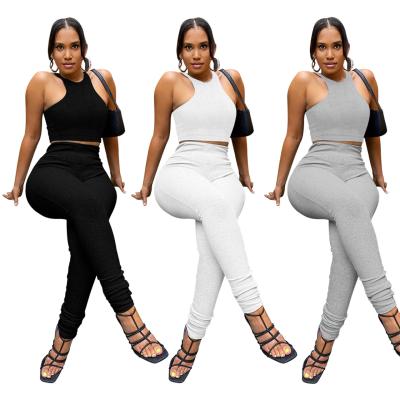 China WOW1143-Fall Breathable Solid Color Ribbed High Waist Sleeveless Women's Sportswear Ladies Two Piece Set Suit for sale