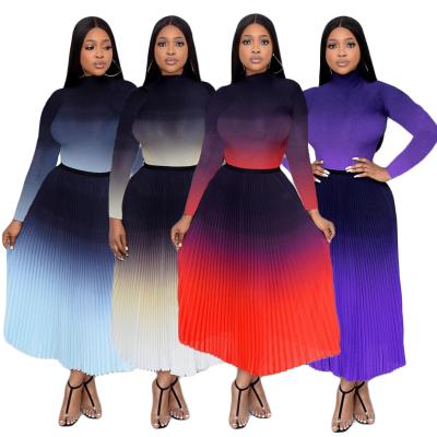 China WOW156-Hot Sale Breathable Gradient Color Pleated Dress Set Women Clothing Fashion Long Sleeve Casual Two Piece Suit for sale