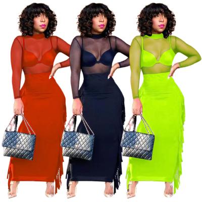 China Breathable Wholesale WOW8540-2021 Solid Colors 2 Piece Set Women Clothing New Fashion Transparent Mesh Top And Skirt Two Piece Set for sale