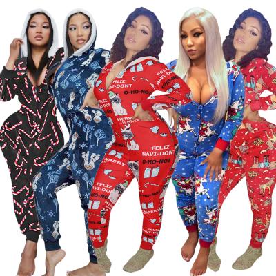 China WOW390043-New Arrivals Women's Breathable Casual Clothes Printed Loungewear Women Sets Hooded Christmas Onesie Pajamas Women Overalls for sale