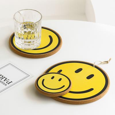 China Cute Protection Cork Coaster Round Natural Custom Logo Printed Cup Mug Mat Wooden Smiley Face Viable New Arrival for sale