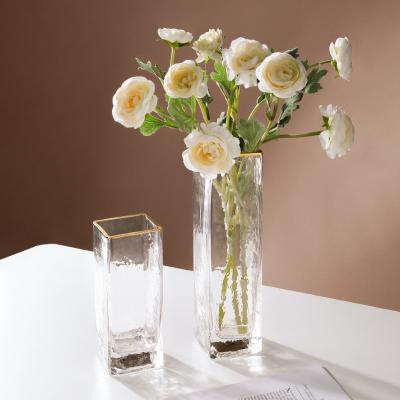 China Gold Square Rim Glass Tabletop Flower Vase Selling Beautiful Large Hot Minimalist Cylinder Clear Glass Vase For Decors for sale