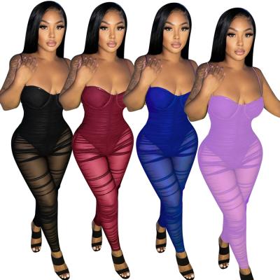 China New Design Women's Mesh Jumpsuits Club Wear Black Transparent Women's Overalls Summer Mesh Rompers Spaghetti Strap Bodycon Anti-wrinkle for sale