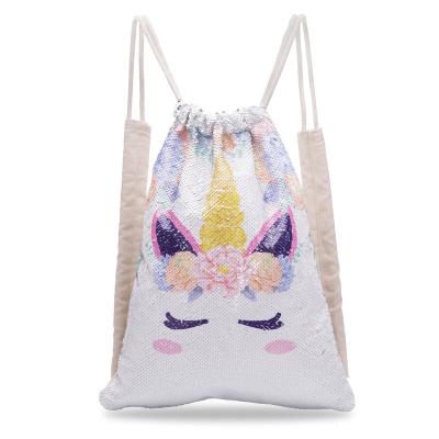 China Lightweight Sequin Unicorn Drawstring Backpack Sparkly Gym Outdoor Travel Bag For Girls for sale